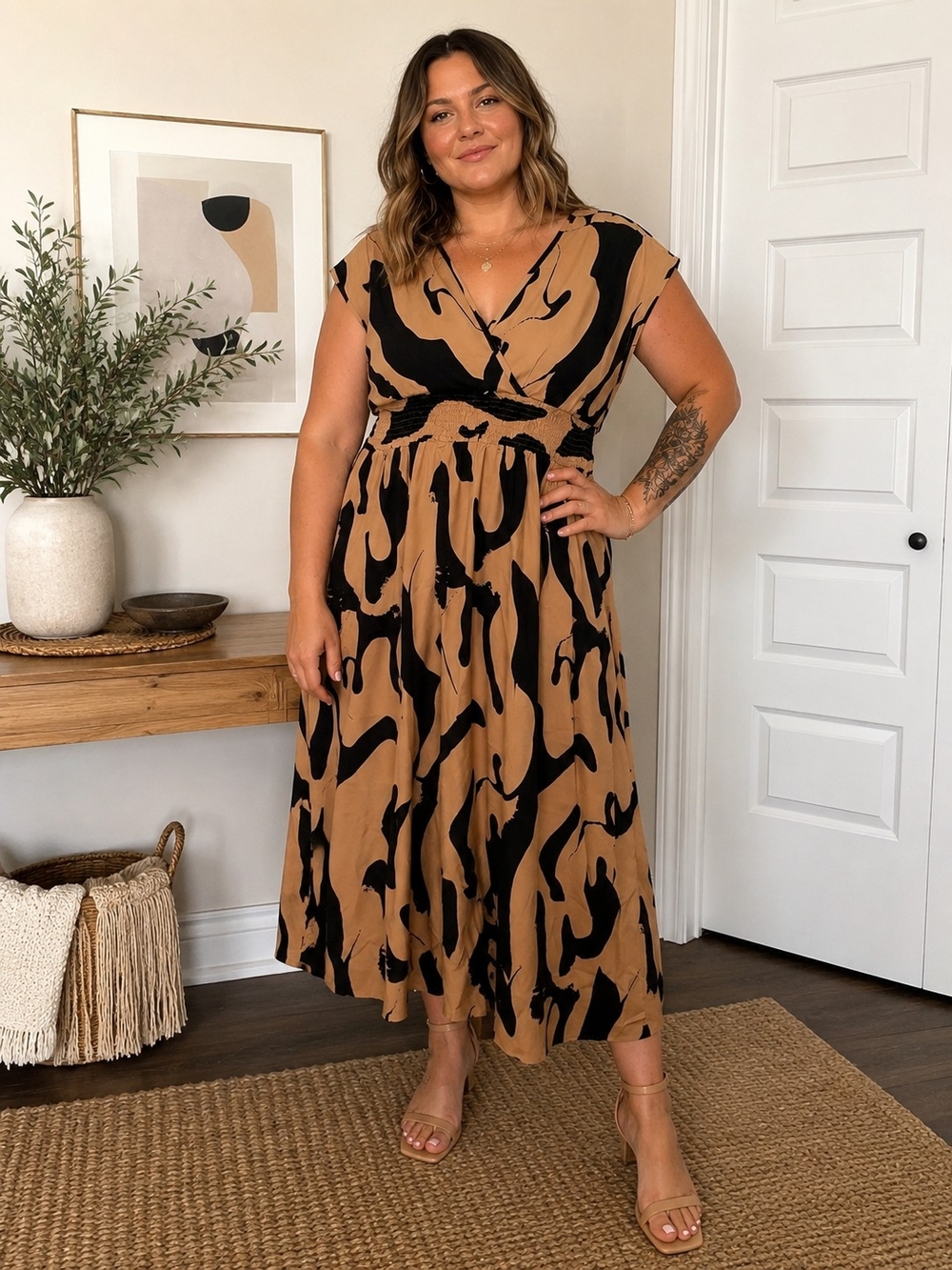 Tan & Black Abstract Print Maxi Dress Smocked Waist Approx Size 14/16 New